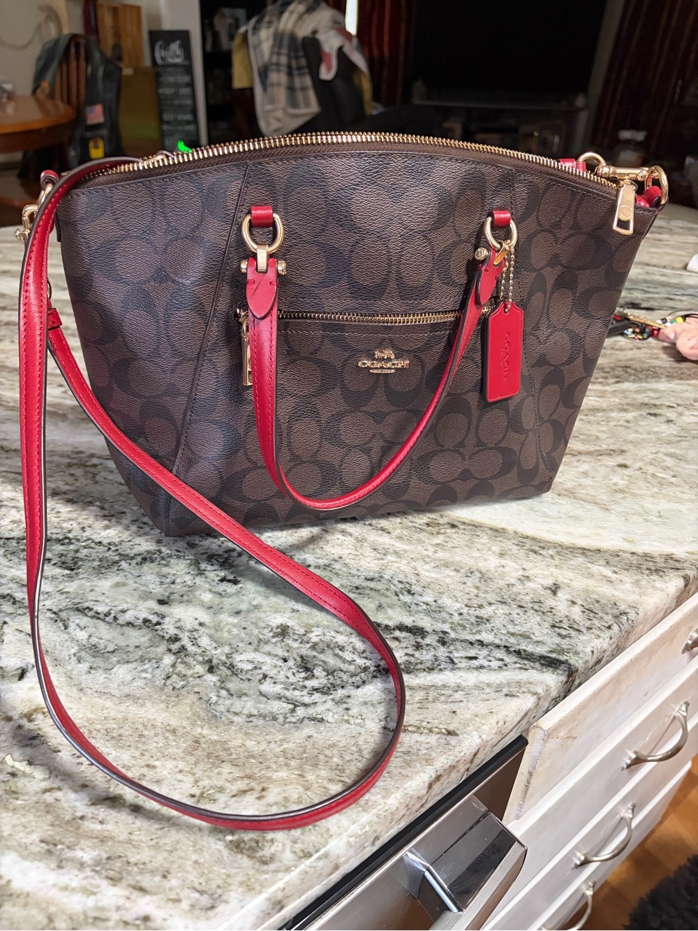 Coach Brown Signature Crossbody Tote with Red Trim